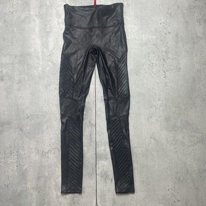 Spanx Faux Leather Moto Leggings Women Sz Small Black High Waist Stretch Pull On